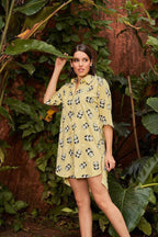Sparkly Fashion Panda Print Night Shirt - Velure - - 3/4 Sleeves, Collar Neck, Cotton, Front Button Open, Knee Length, Printed