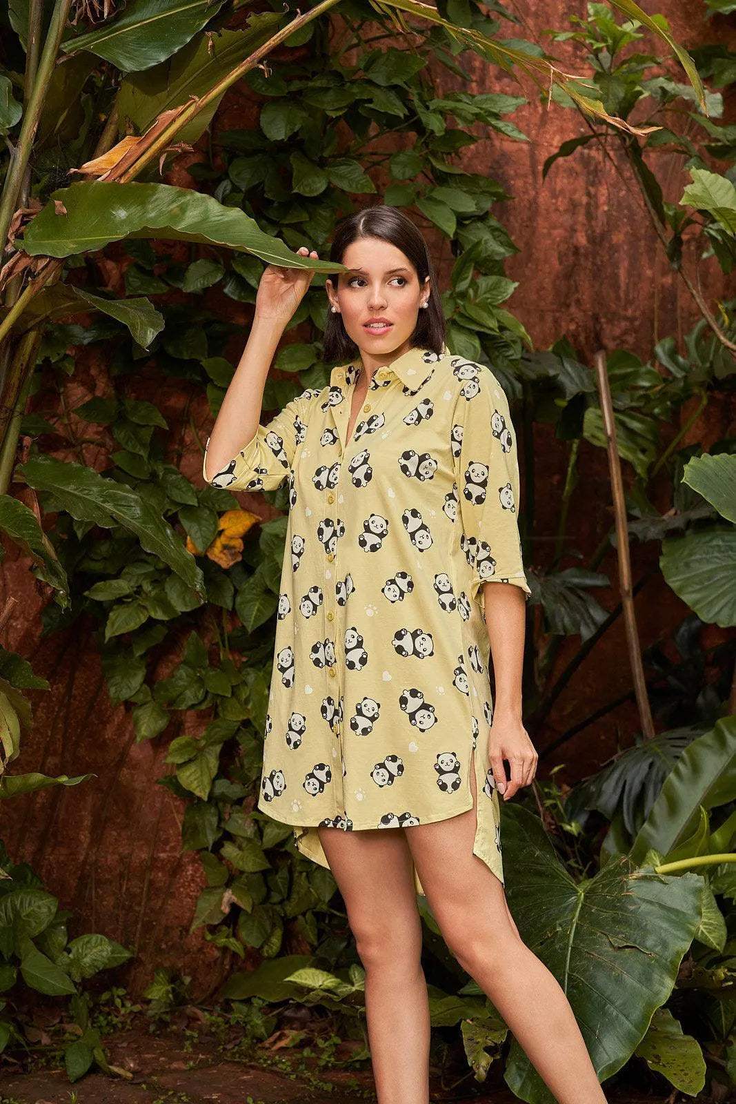 Sparkly Fashion Panda Print Night Shirt - Velure - - 3/4 Sleeves, Collar Neck, Cotton, Front Button Open, Knee Length, Printed