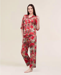 Velure Fusion Abstract Print Night Suit - Velure - Shirt and Pant - 3/4 Sleeves, Abstract Print, Collar Neck, Front Button Open, Full Length Pant, Satin