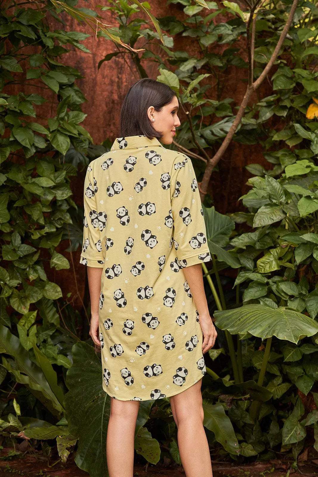 Sparkly Fashion Panda Print Night Shirt - Velure - - 3/4 Sleeves, Collar Neck, Cotton, Front Button Open, Knee Length, Printed
