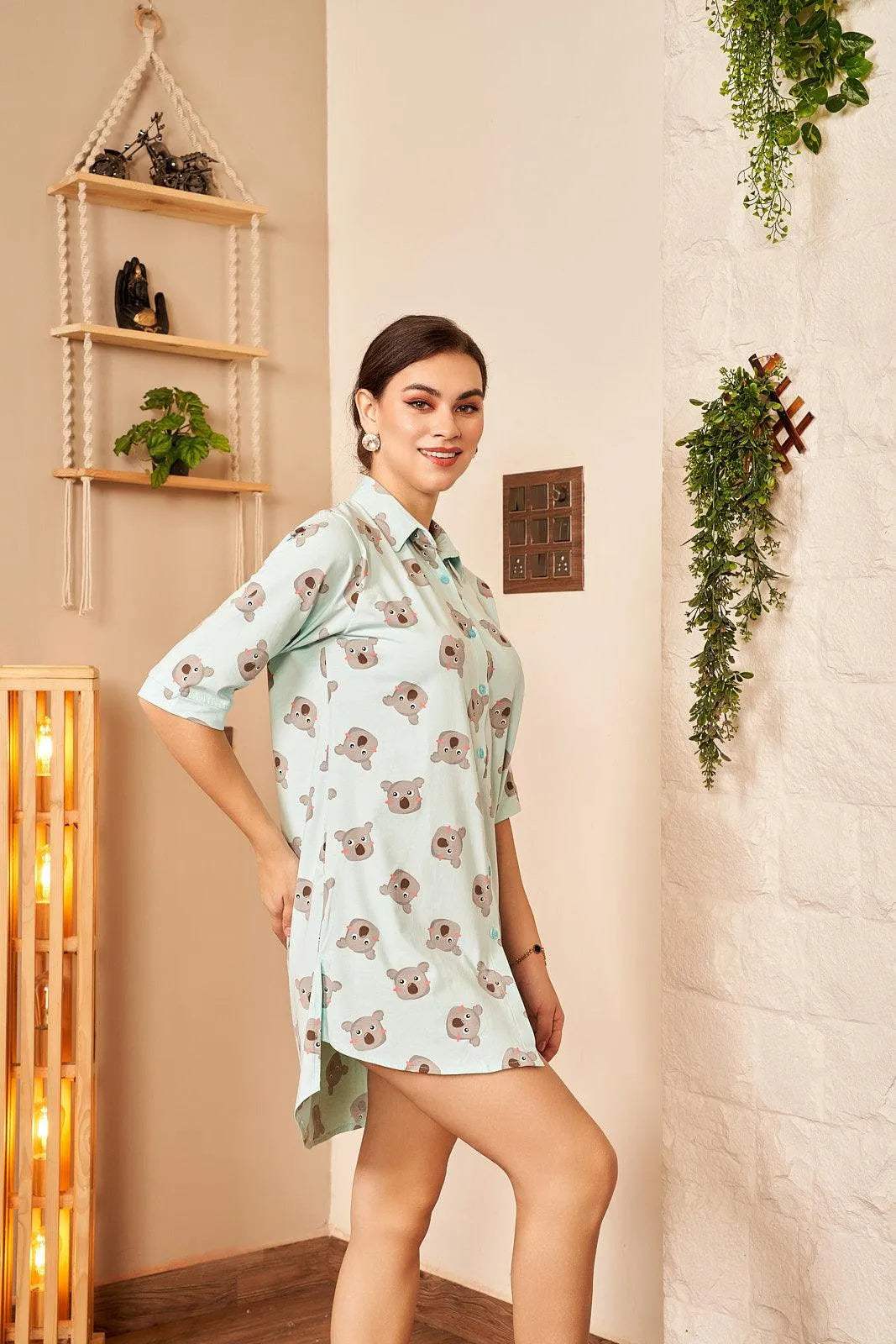 Velure Koala Bear Print Night Shirt - Velure - - 3/4 Sleeves, Collar Neck, Cotton, Front Button Open, Knee Length, Printed