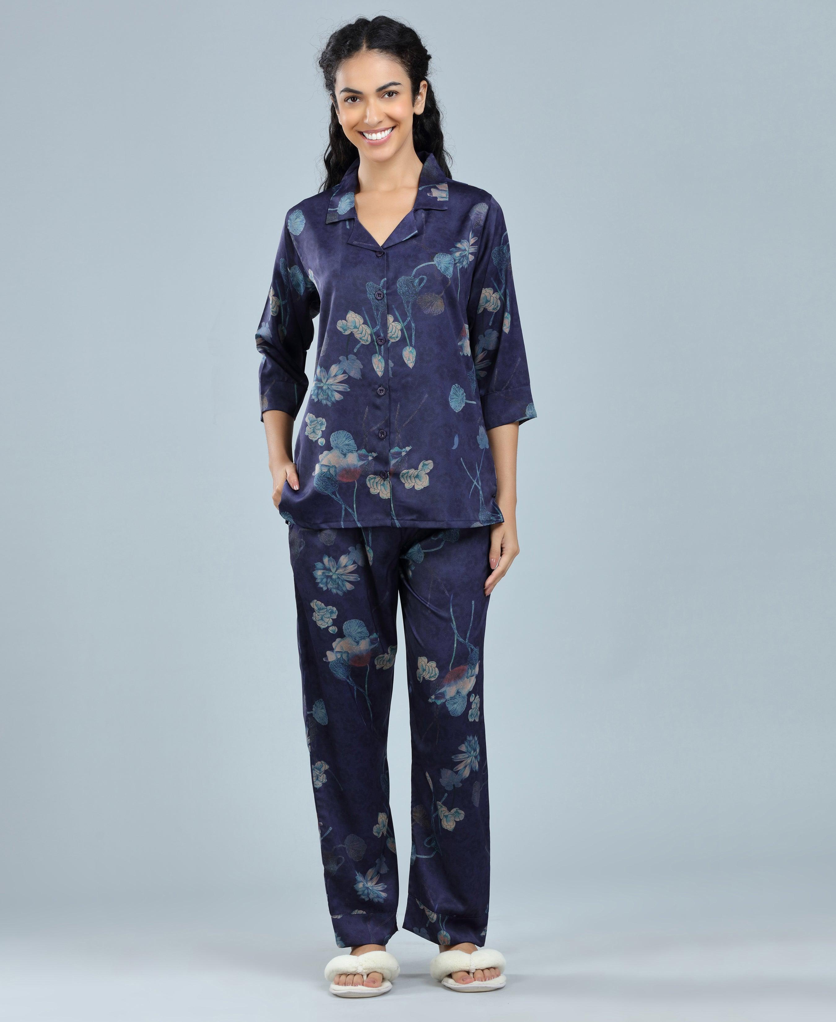 Velure Alluring Floral Print Night Suit - Velure - Shirt and Pant - 3/4 Sleeves, Collar Neck, Floral Print, Front Button Open, Full Length Pant, Satin