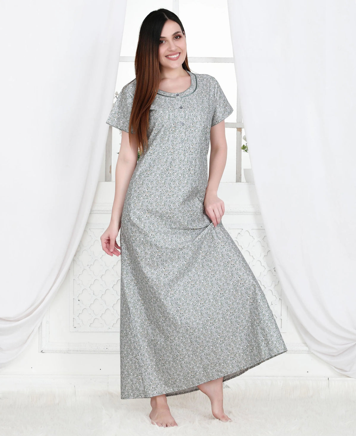 Velure Stylish Grey Floral Print Cotton Nighty - Velure, Nighty, Now you can update your entire look with this stylish grey cotton nighty from Velure with a floral print. Tailored with premium, thick cotton fabric, and is stylishly crafted to ensure a smooth and cozy feel against the skin. Its round neck and a-line design & gathering pattern and enhances its appeal.