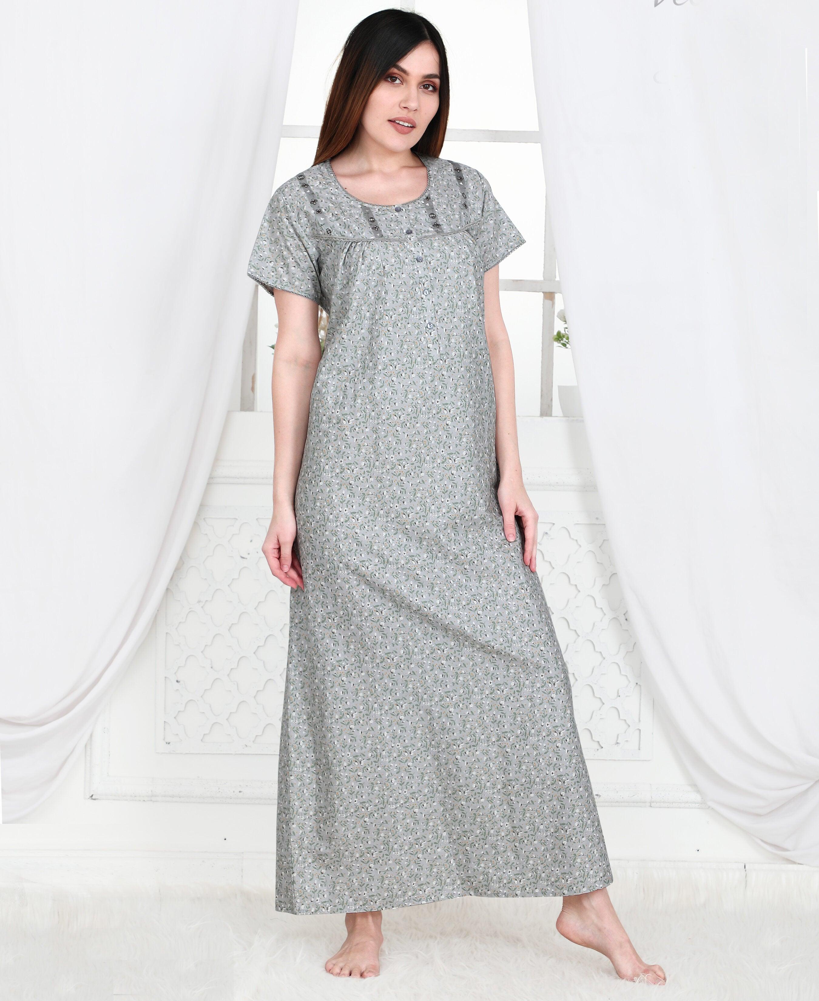 Velure Stylish Grey Floral Print Cotton Nighty - Velure - Nighty - Cotton, Full Length Nighty, Half Sleeves Nighty, Round neck Nighty