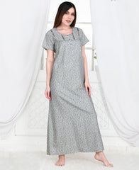 Velure Stylish Grey Floral Print Cotton Nighty - Velure - Nighty - Cotton, Full Length Nighty, Half Sleeves Nighty, Round neck Nighty