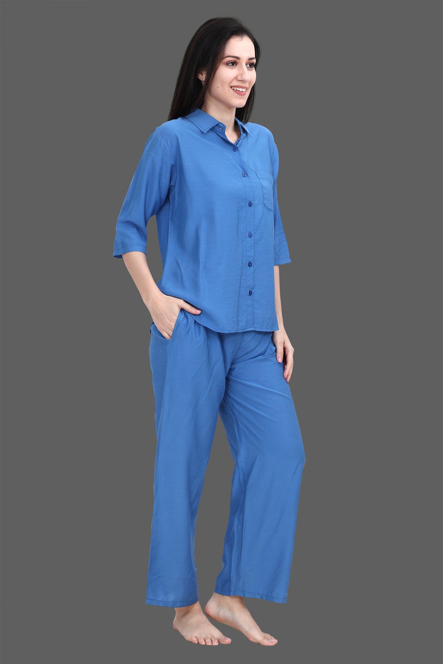 Velure Royal Blue Classic Palazzo Co-ord Set - Velure - Long Top and Pant - 3/4 Sleeves, Collar Neck, Cotton, Front Button Open, Full Length Pant