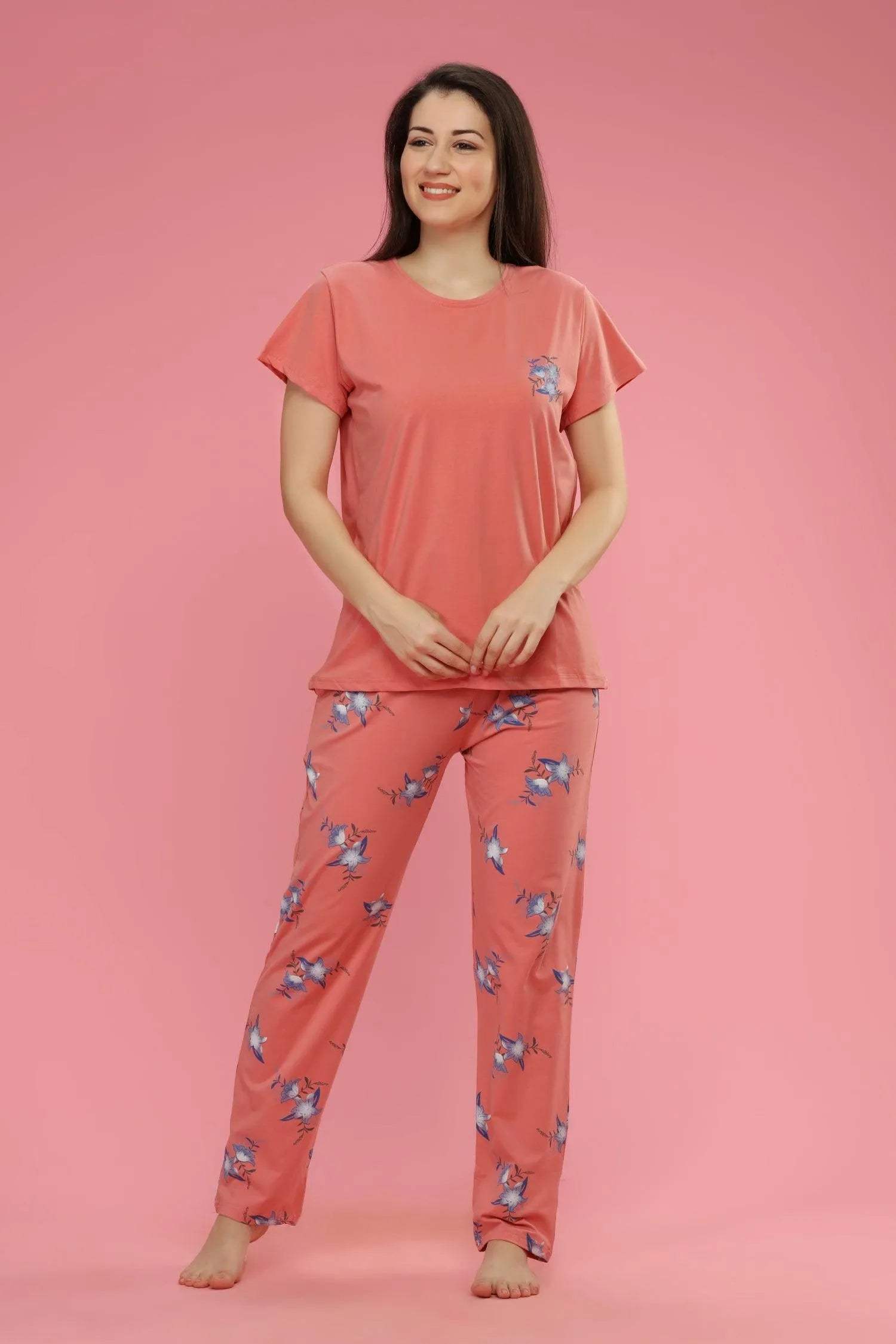 Velure Casual Floral Print Night Suit - Velure - Shirt and Pant - Cotton, Floral Print, Full Length Pant, Half Sleeves, Round neck