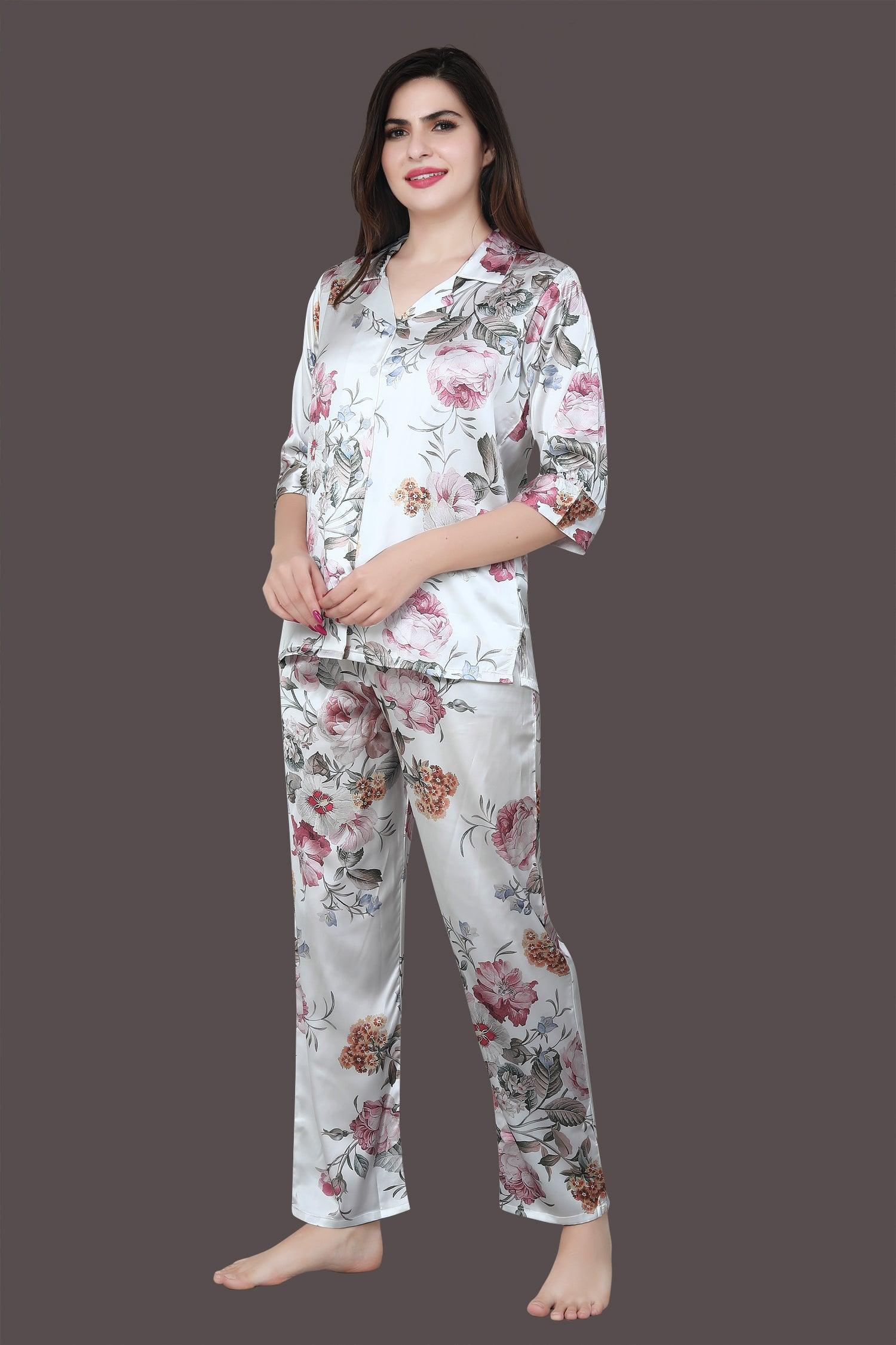 Velure Floral Printed Satin Night Suit - Velure - Long Top and Pant - 3/4 Sleeves, Collar Neck, Floral Print, Front Button Open, Full Length Pant