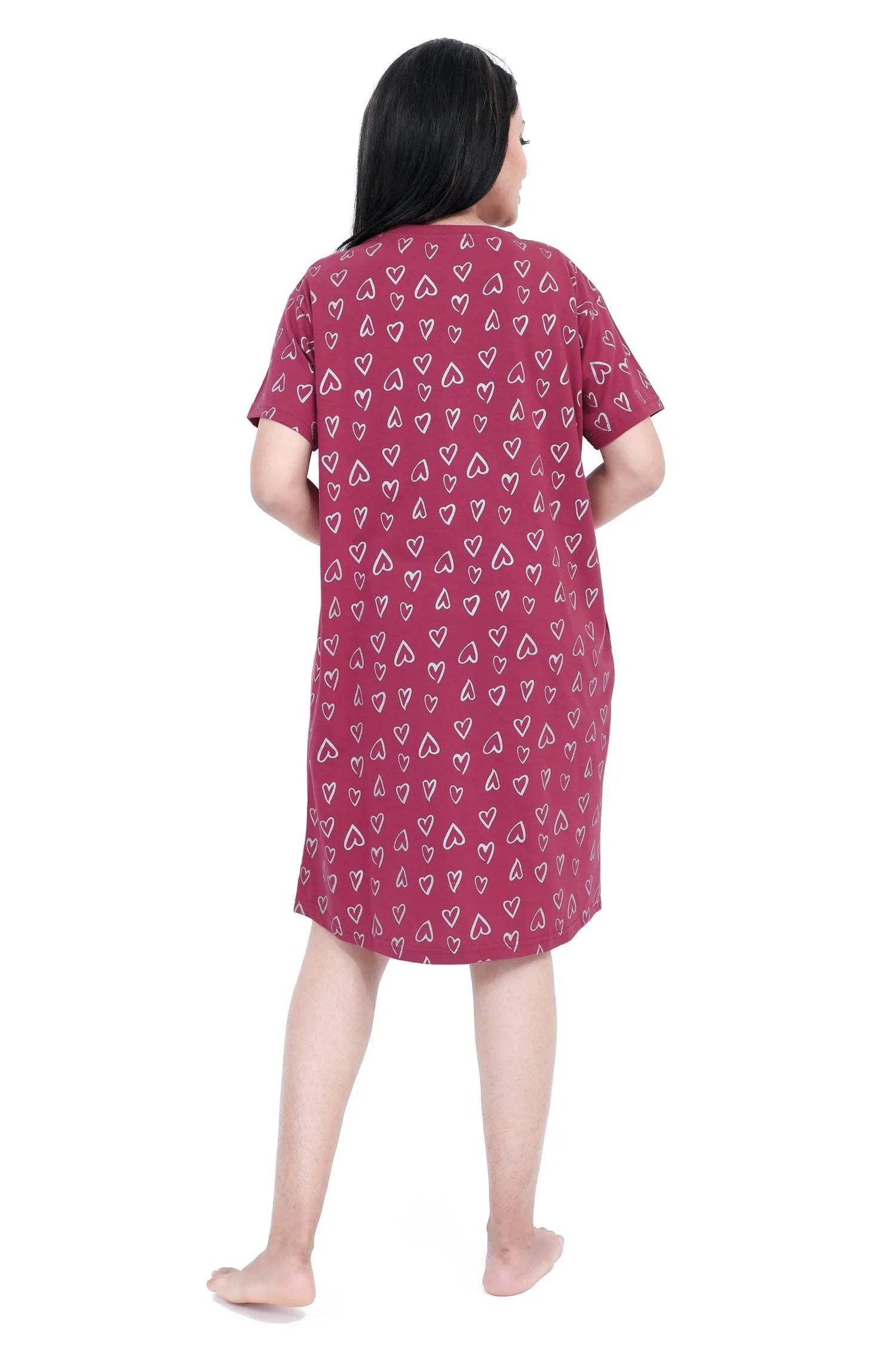 Refreshing Heart Print Short Nighty - Velure - - Cotton, Half Sleeves, Knee Length, Printed, Round neck