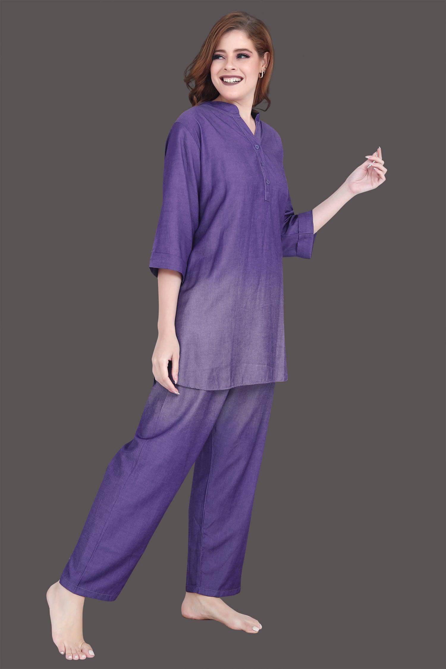 Velure Tunic Purple Dual Shade Kurti Style Night Suit - Velure - Long Top and Pant - 3/4 Sleeves, Collar Neck, Cotton, Front Button Open, Full Length Pant