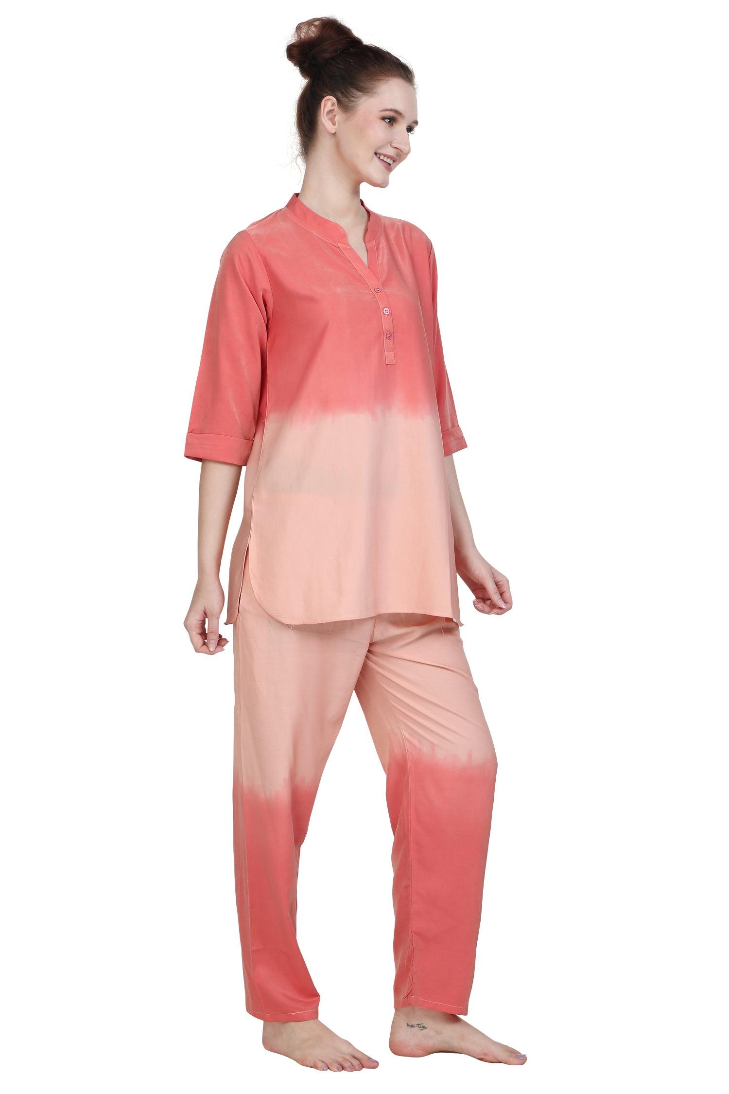 Velure Orange Dual Shade Kurti Style Night Suit - Velure - Long Top and Pant - 3/4 Sleeves, Collar Night Suit, Cotton, Full Length Pant