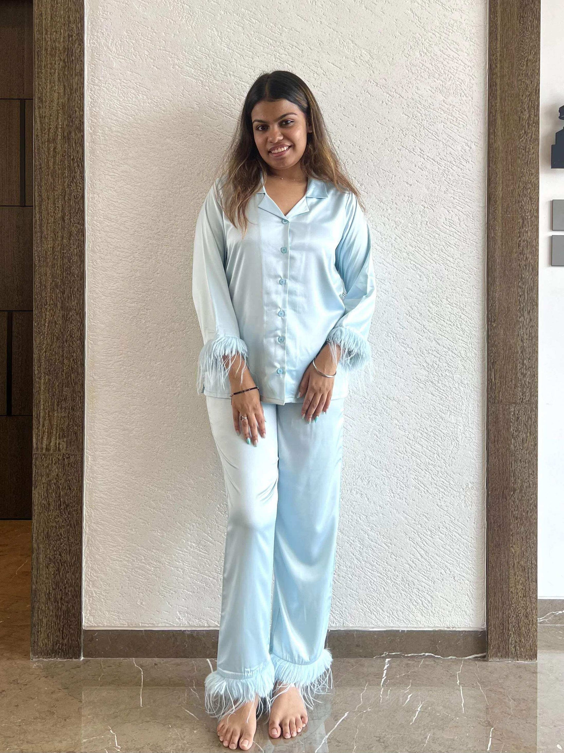 Velure Refreshing Fur Satin Night Suit - Velure - - Collar Neck, Front Button Open, Full Length Pant, Full Sleeves, Fur, Satin