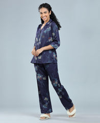 Velure Alluring Floral Print Night Suit - Velure - Shirt and Pant - 3/4 Sleeves, Collar Neck, Floral Print, Front Button Open, Full Length Pant, Satin