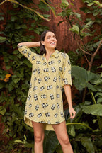 Sparkly Fashion Panda Print Night Shirt - Velure - - 3/4 Sleeves, Collar Neck, Cotton, Front Button Open, Knee Length, Printed