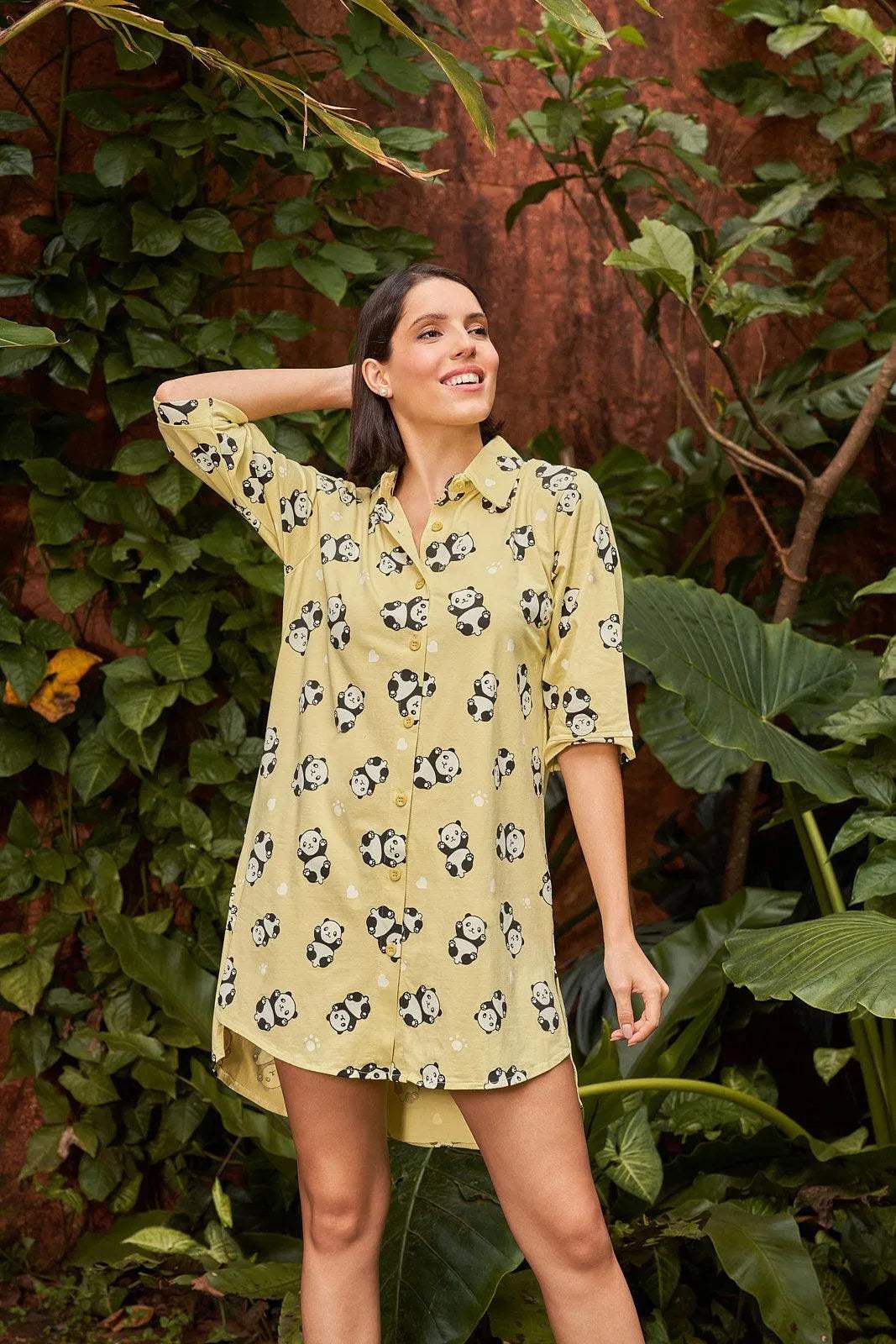 Sparkly Fashion Panda Print Night Shirt - Velure - - 3/4 Sleeves, Collar Neck, Cotton, Front Button Open, Knee Length, Printed