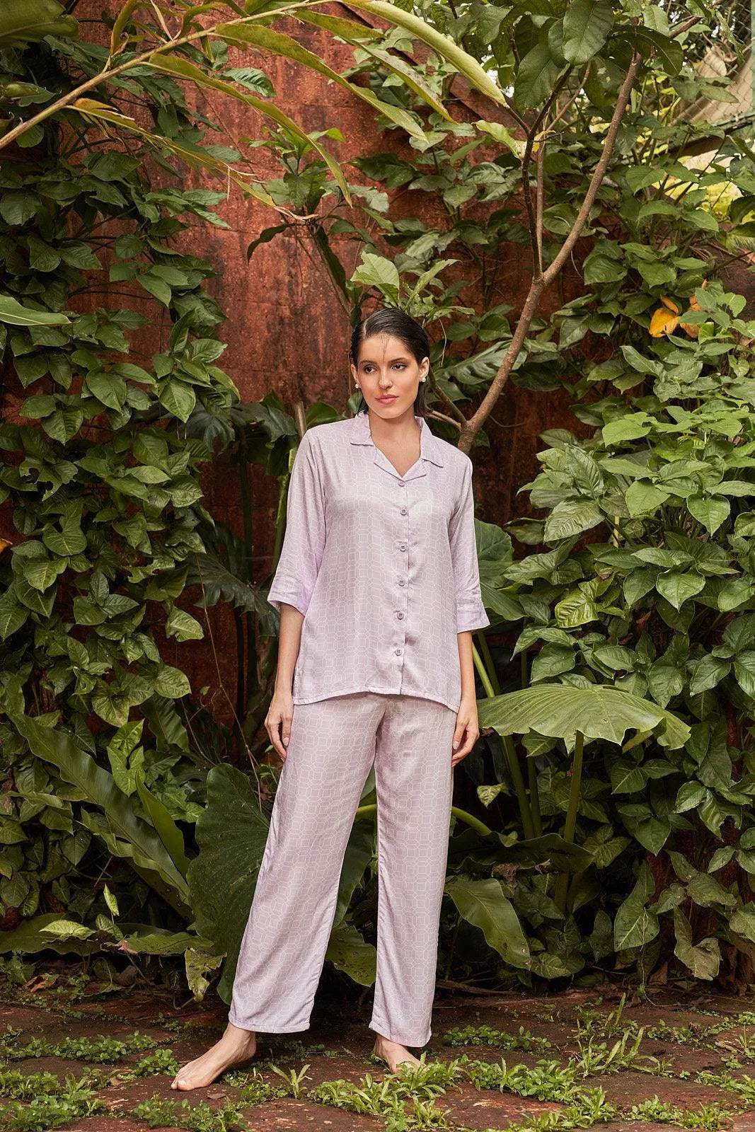 Velure Lush Essence Night Suit - Velure - - 3/4 Sleeves, Abstract Print, Collar Neck, Cotton, Front Button Open, Full Length Pant