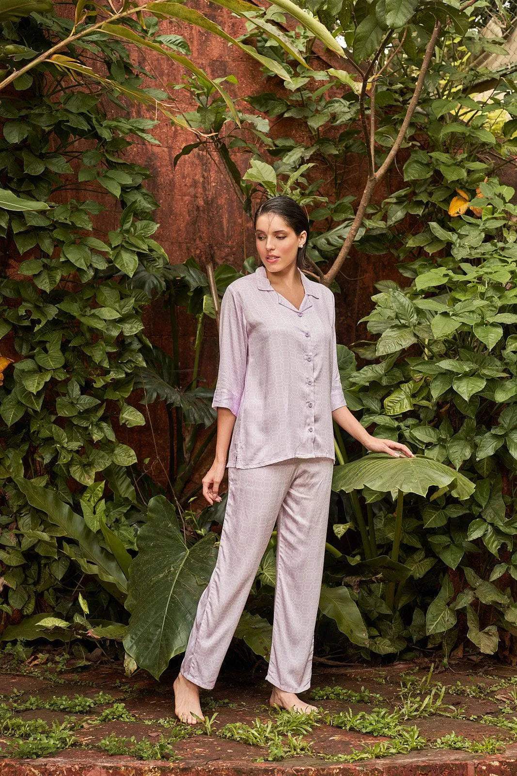 Velure Lush Essence Night Suit - Velure - - 3/4 Sleeves, Abstract Print, Collar Neck, Cotton, Front Button Open, Full Length Pant