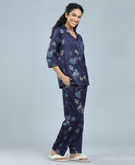 Velure Alluring Floral Print Night Suit - Velure - Shirt and Pant - 3/4 Sleeves, Collar Neck, Floral Print, Front Button Open, Full Length Pant, Satin