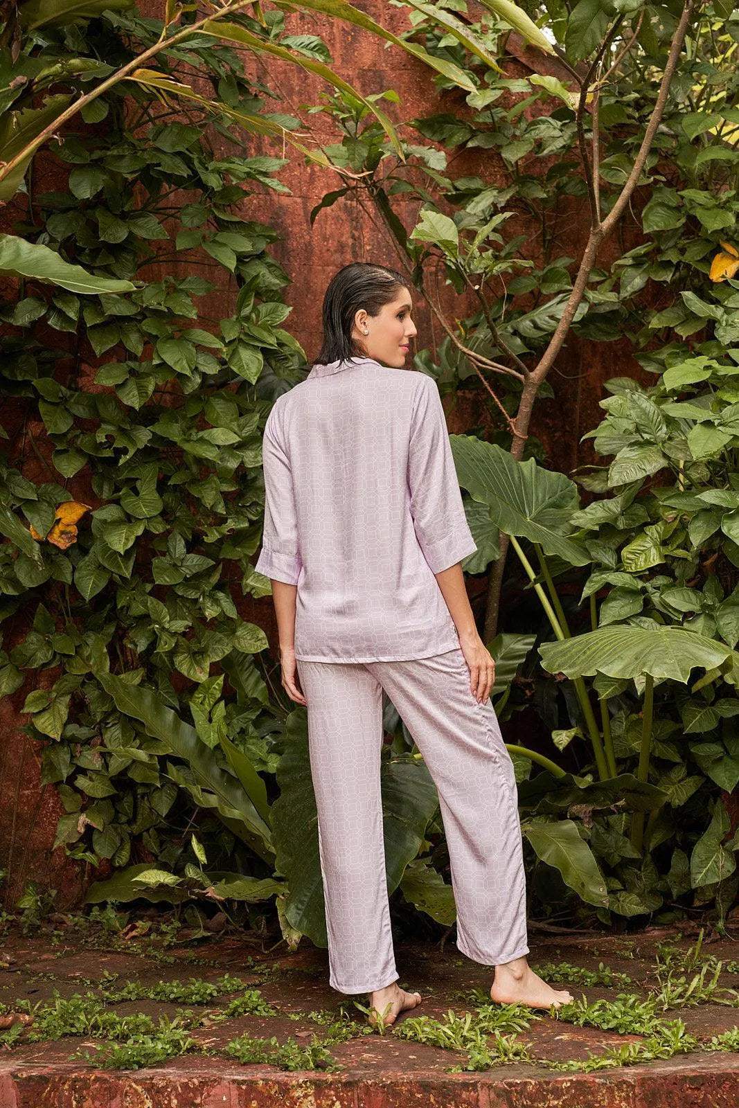 Velure Lush Essence Night Suit - Velure - - 3/4 Sleeves, Abstract Print, Collar Neck, Cotton, Front Button Open, Full Length Pant