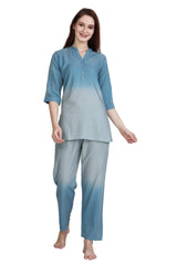 Velure Blue Dual Shade Kurti Style Night Suit - Velure - Long Top and Pant - 3/4 Sleeves, Collar Neck, Cotton, Full Length Pant