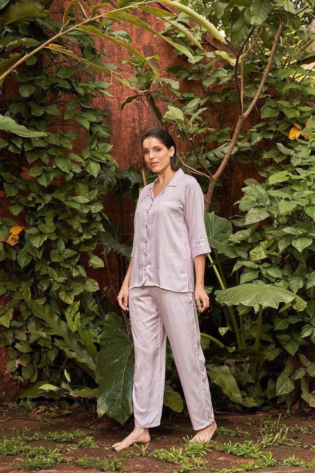 Velure Lush Essence Night Suit - Velure - - 3/4 Sleeves, Abstract Print, Collar Neck, Cotton, Front Button Open, Full Length Pant