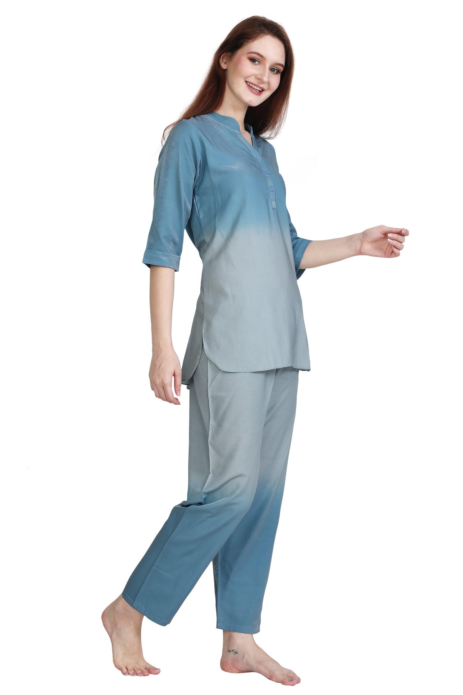 Velure Blue Dual Shade Kurti Style Night Suit - Velure - Long Top and Pant - 3/4 Sleeves, Collar Neck, Cotton, Full Length Pant