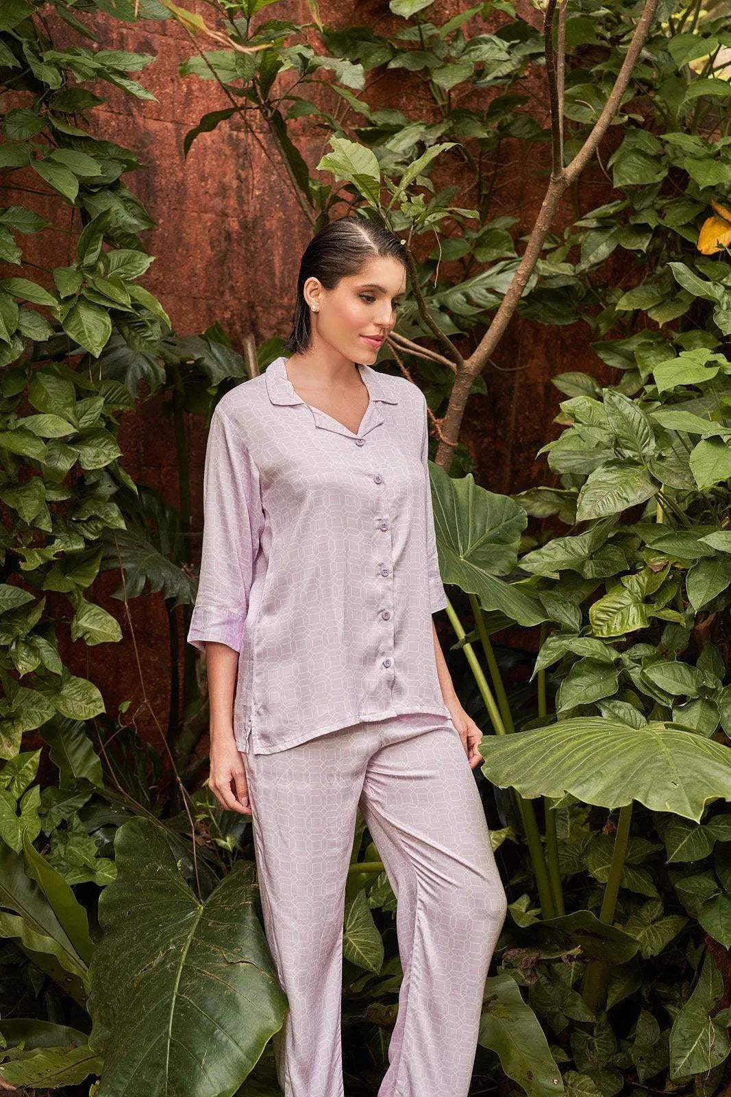 Velure Lush Essence Night Suit - Velure - - 3/4 Sleeves, Abstract Print, Collar Neck, Cotton, Front Button Open, Full Length Pant
