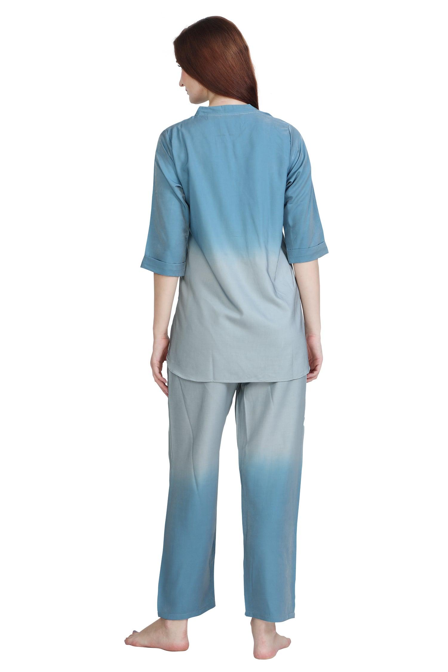 Velure Blue Dual Shade Kurti Style Night Suit - Velure - Long Top and Pant - 3/4 Sleeves, Collar Neck, Cotton, Full Length Pant