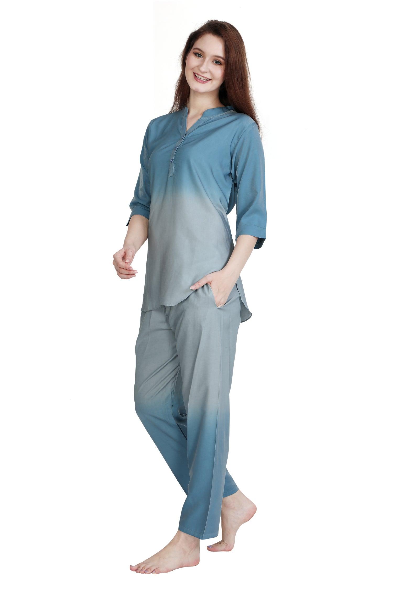 Velure Blue Dual Shade Kurti Style Night Suit - Velure - Long Top and Pant - 3/4 Sleeves, Collar Neck, Cotton, Full Length Pant