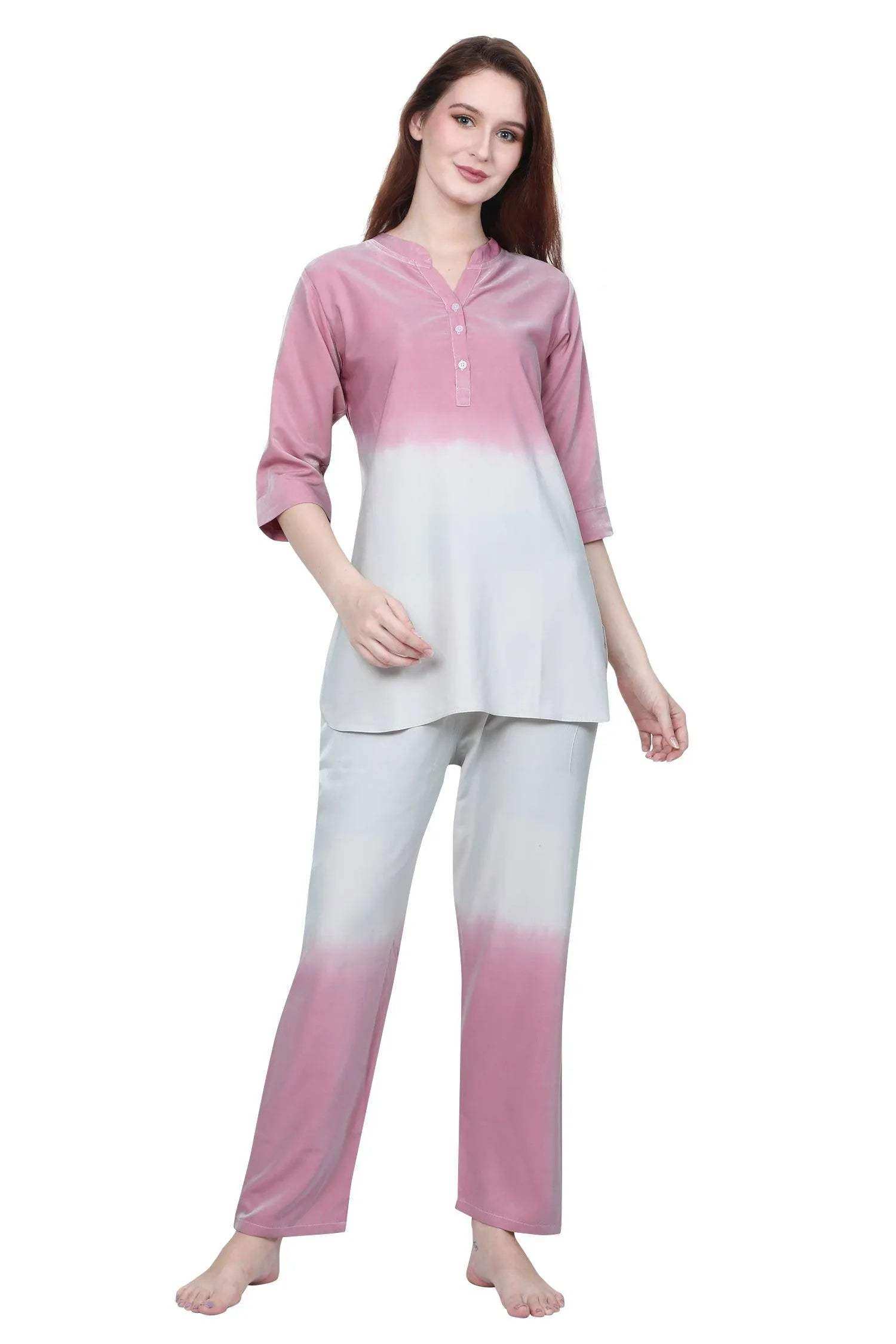 Velure Glossy Dual Shade Kurti Style Night Suit - Velure - - 3/4 Sleeves, Collar Neck, Cotton, Front Button Open, Full Length Pant
