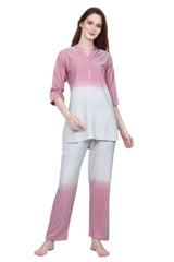 Velure Glossy Dual Shade Kurti Style Night Suit - Velure - Long Top and Pant - 3/4 Sleeves, Collar Neck, Cotton, Front Button Open, Full Length Pant