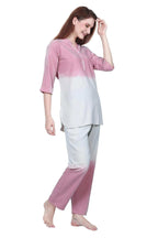 Velure Glossy Dual Shade Kurti Style Night Suit - Velure - - 3/4 Sleeves, Collar Neck, Cotton, Front Button Open, Full Length Pant