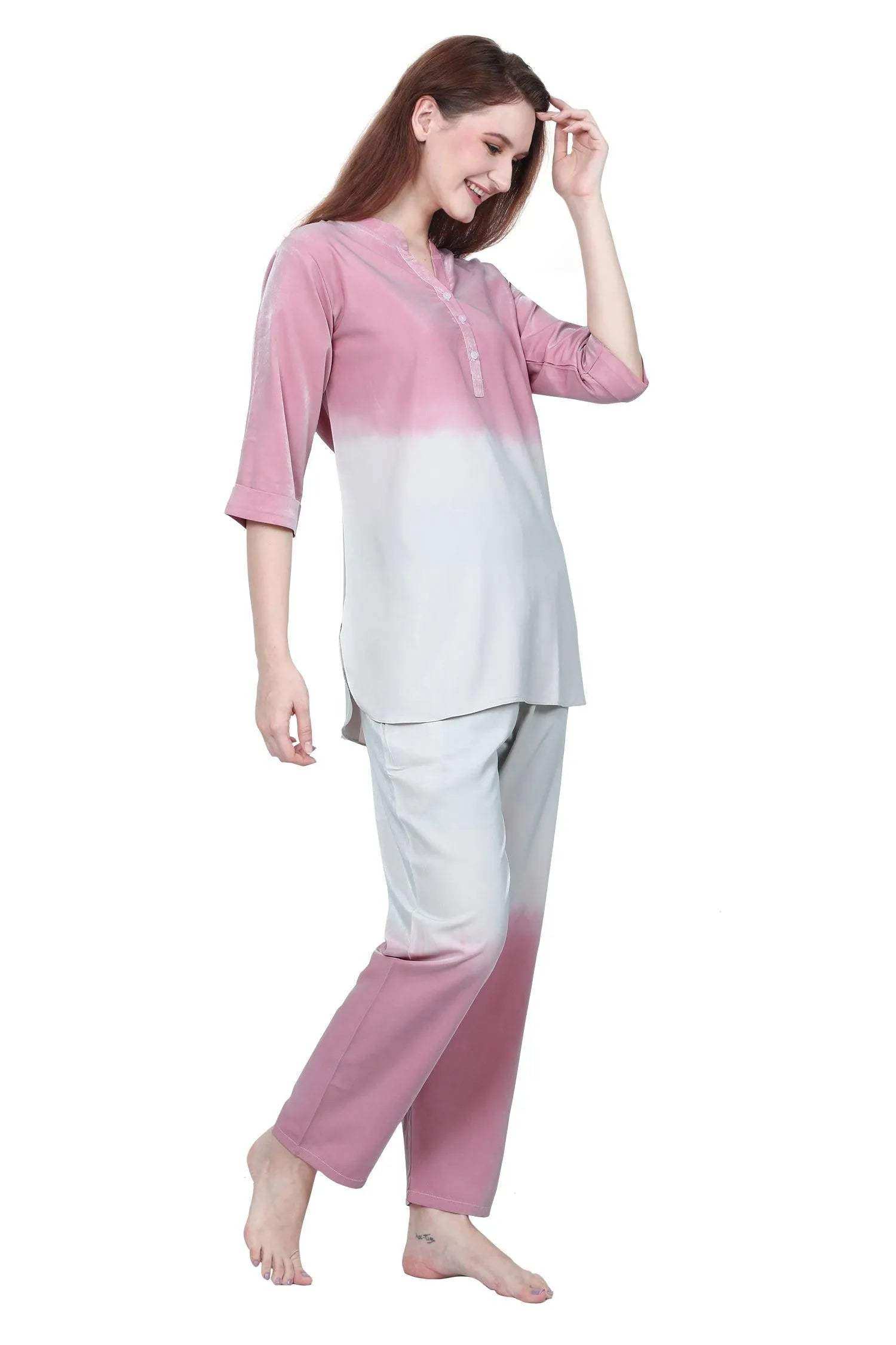 Velure Glossy Dual Shade Kurti Style Night Suit - Velure - - 3/4 Sleeves, Collar Neck, Cotton, Front Button Open, Full Length Pant