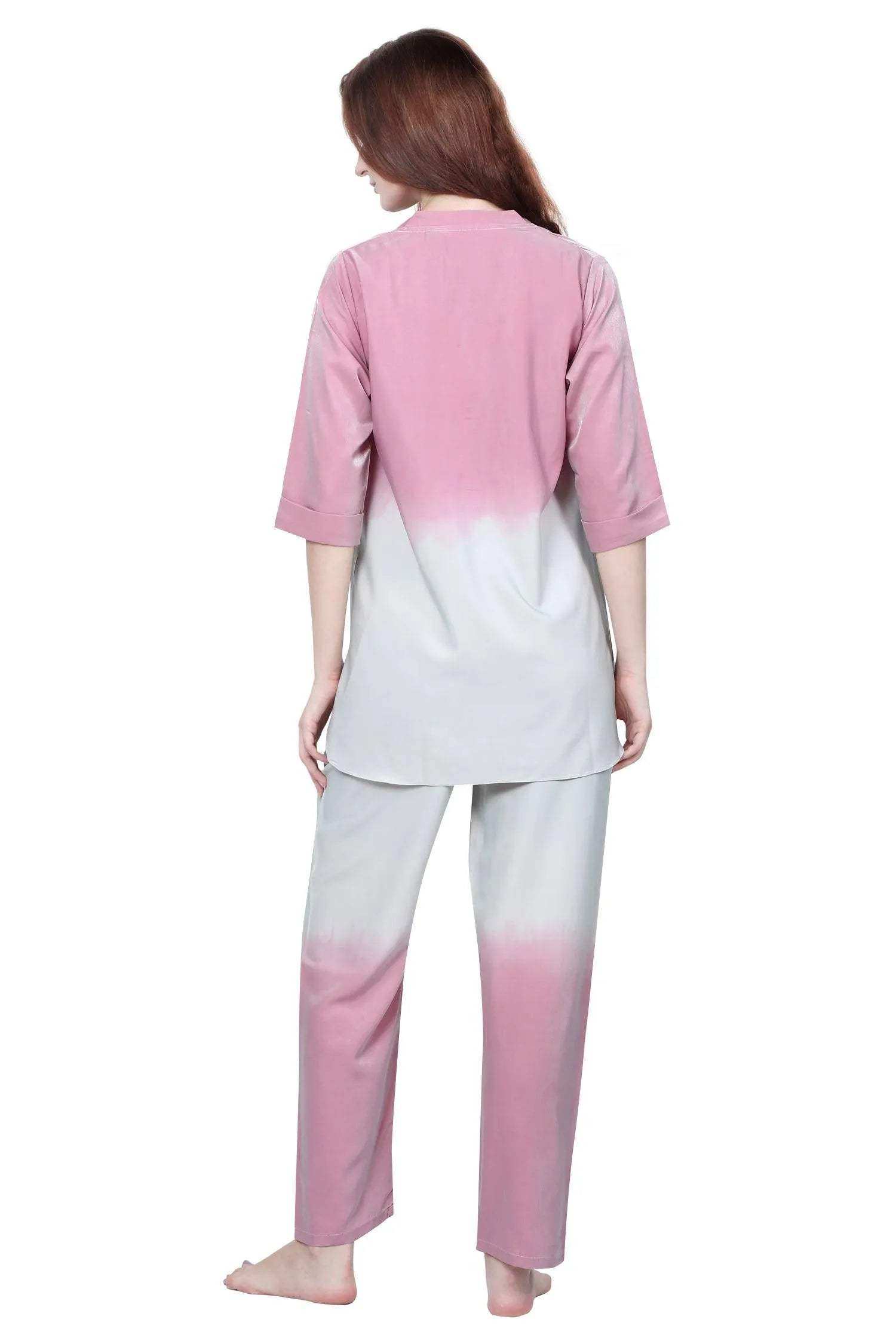 Velure Glossy Dual Shade Kurti Style Night Suit - Velure - - 3/4 Sleeves, Collar Neck, Cotton, Front Button Open, Full Length Pant