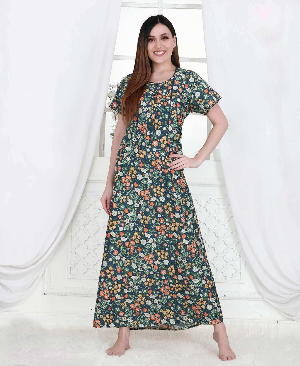 Velure Daisy Print Cotton Nighty - Velure - - Cotton, Full Length Nighty, Half Sleeves Nighty, Round neck Nighty