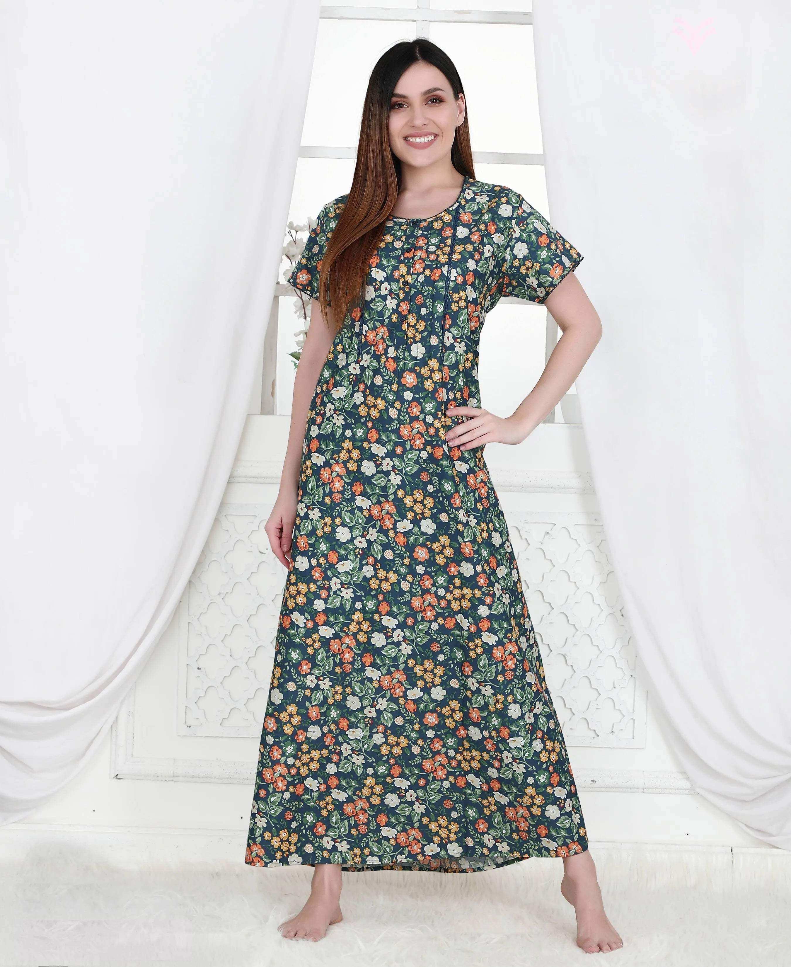 Velure Daisy Print Cotton Nighty - Velure - - Cotton, Full Length Nighty, Half Sleeves Nighty, Round neck Nighty