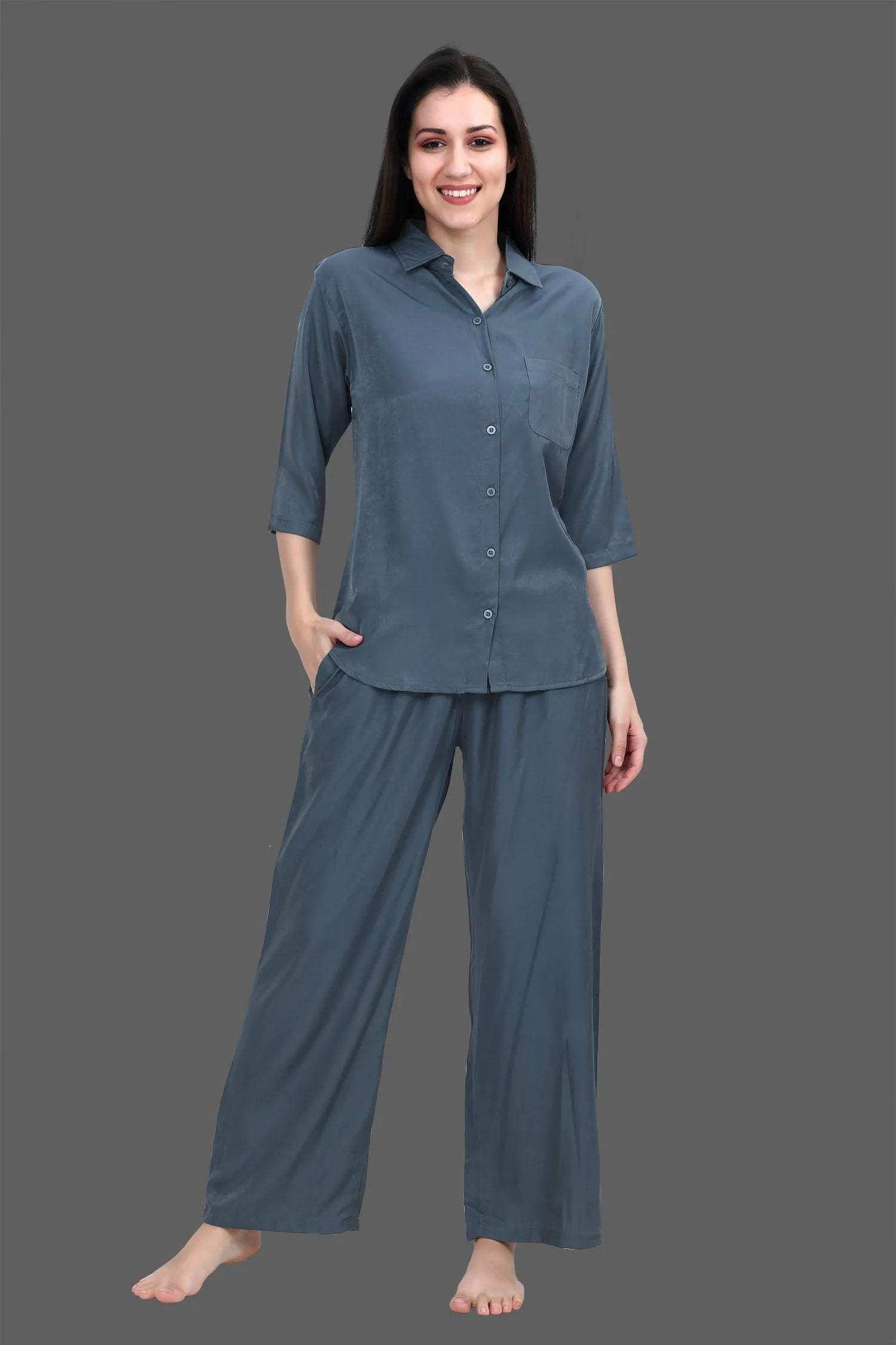 Velure Grey Classic Palazzo Co-ord Set - Velure - - 3/4 Sleeves, Collar Neck, Cotton, Front Button Open, Full Length Pant