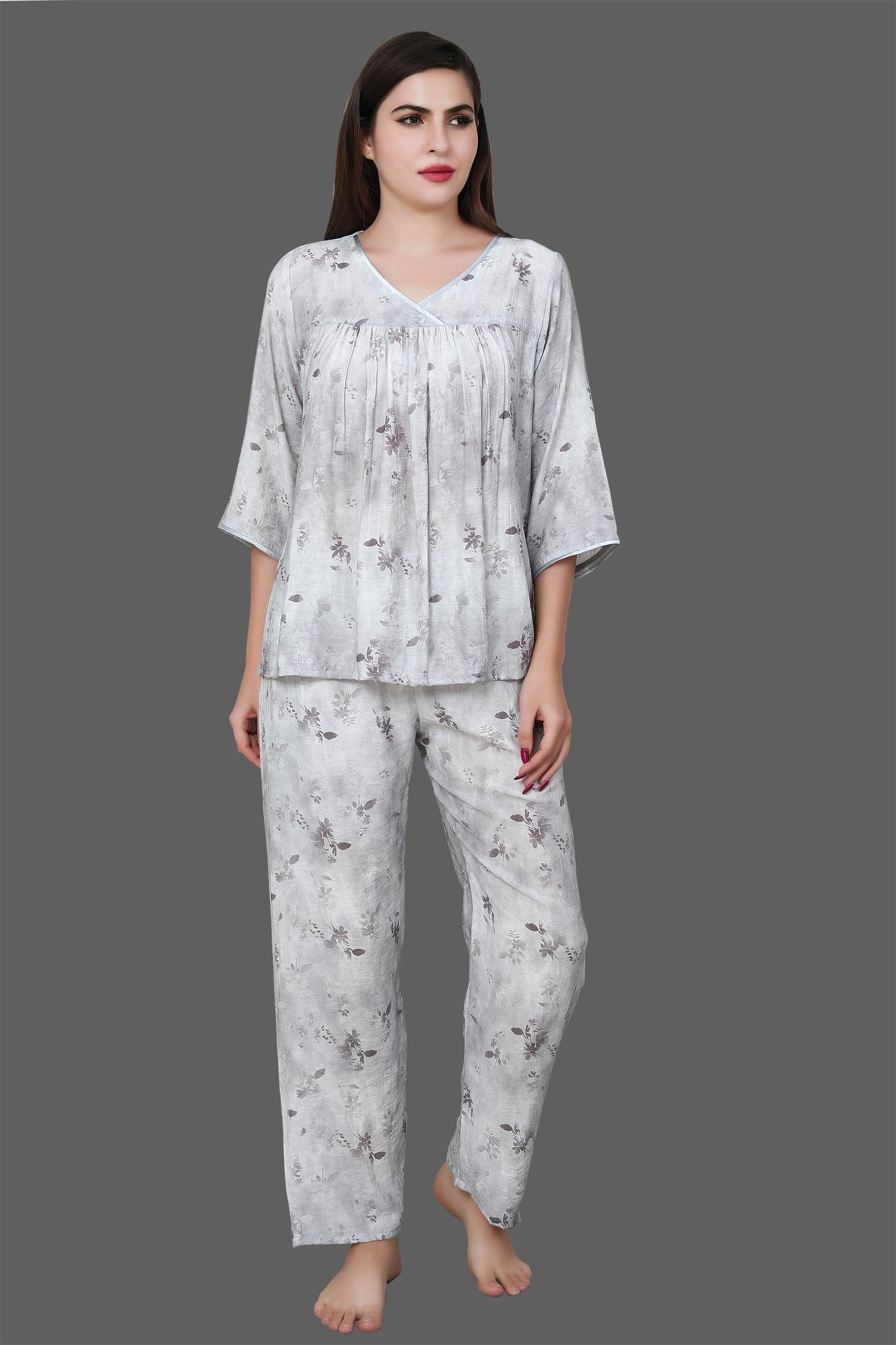 Velure Grey Floral Frock-Style Night Suit - Velure - Long Top and Pant - 3/4 Sleeves, Frock Style, Full Length Pant, Linen, V Neck