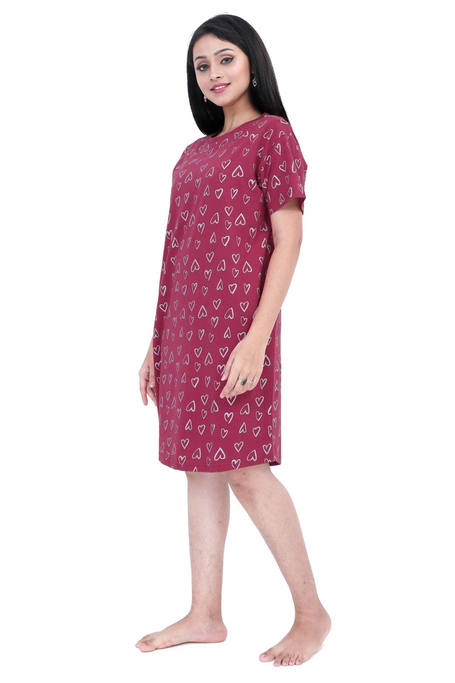 Refreshing Heart Print Short Nighty - Velure - - Cotton, Half Sleeves, Knee Length, Printed, Round neck