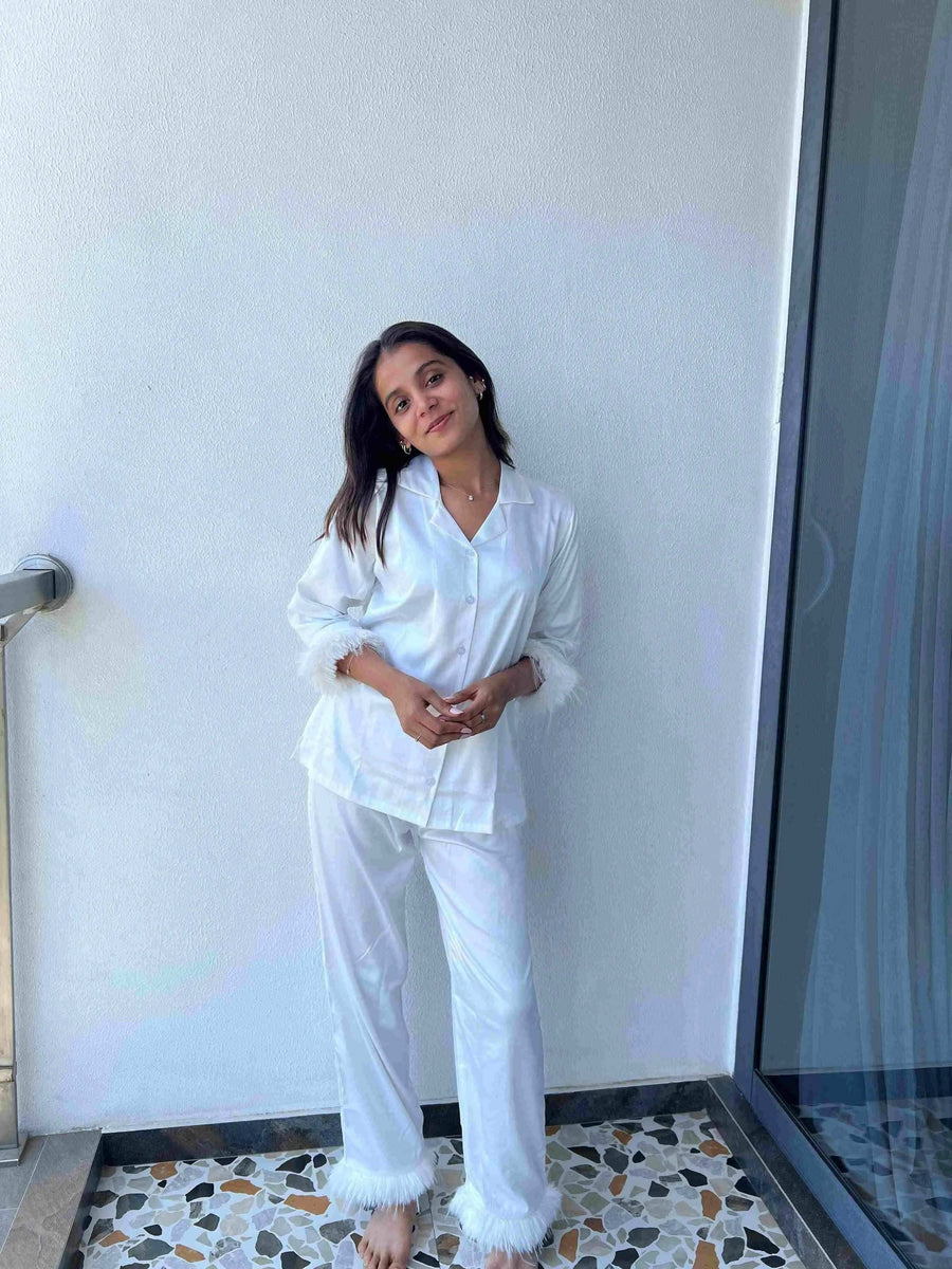 Velure Sleek White Fur Satin Night Suit