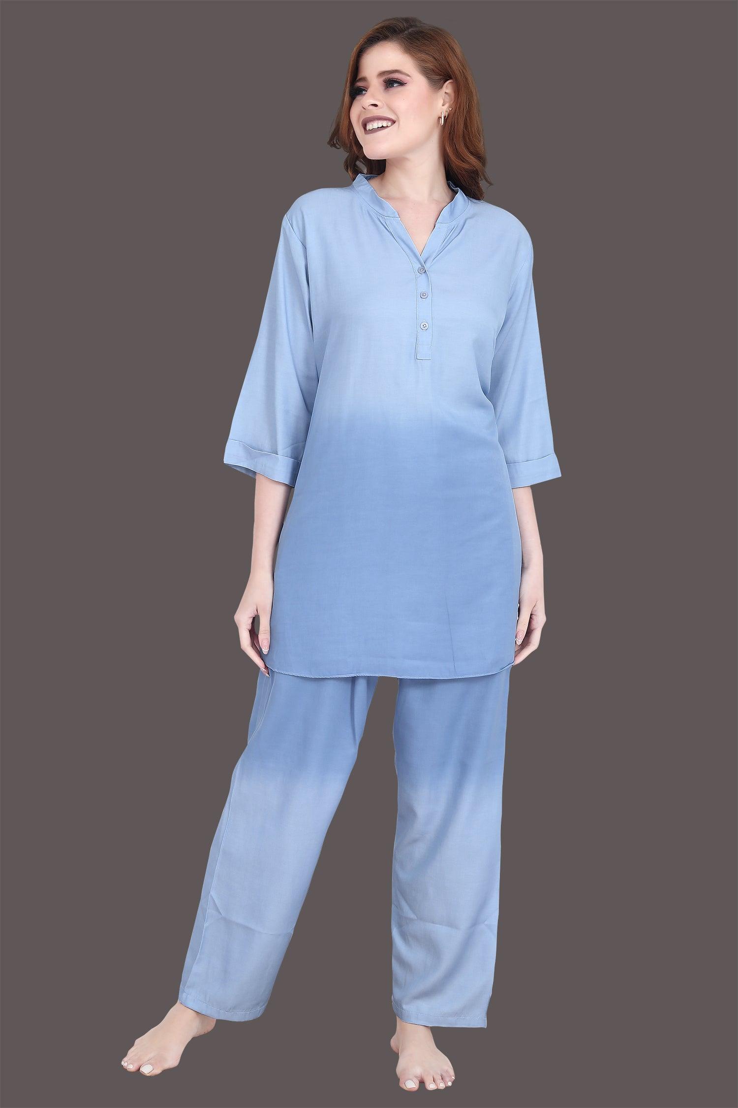 Velure Stylish Light Blue Dual Shade Kurti Style Night Suit - Velure - Long Top and Pant - 3/4 Sleeves, Cotton, Front Button Open, Full Length Pant