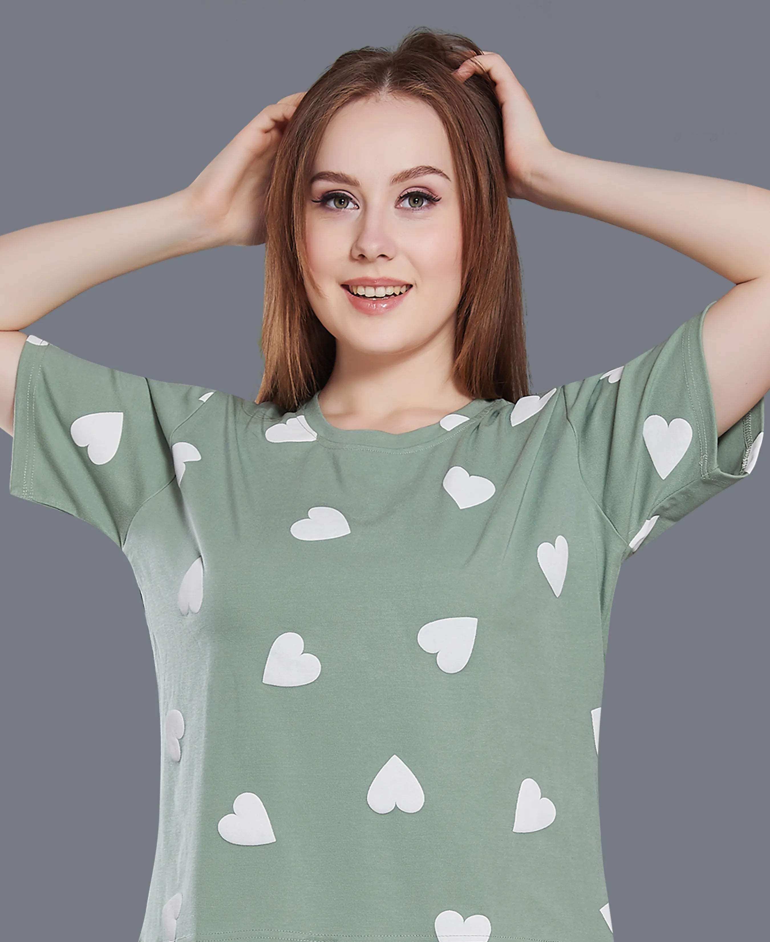 Velure Heart Print Palazzo Night Suit - Velure - - Cotton Lycra Fabric, Full Length Pant, Half Sleeves, Round neck