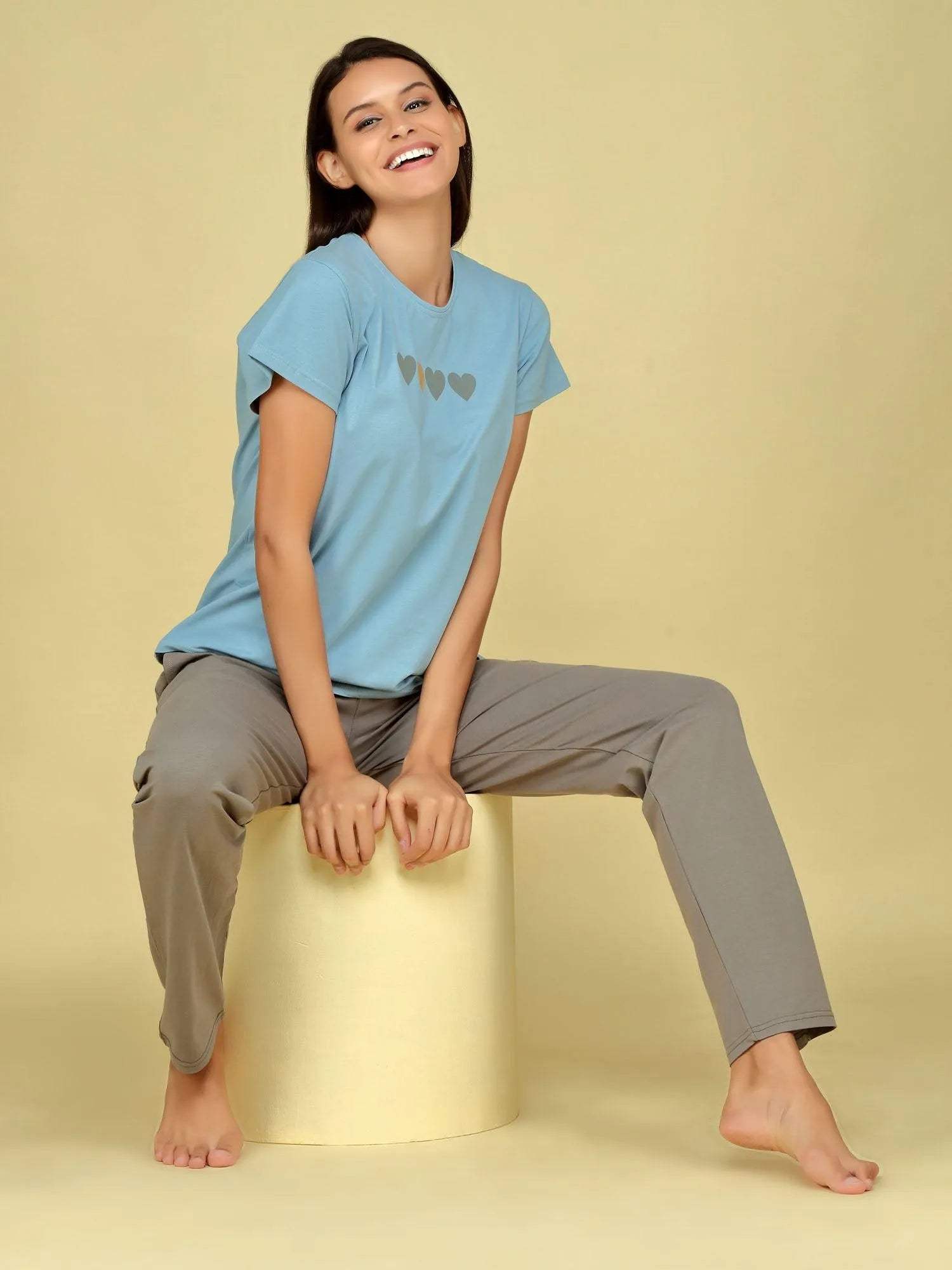 Velure Four Hearts Print Pajama Set - Velure - T-Shirt and Pants - Full Length Pant, Half Sleeves, Round neck nightsuit