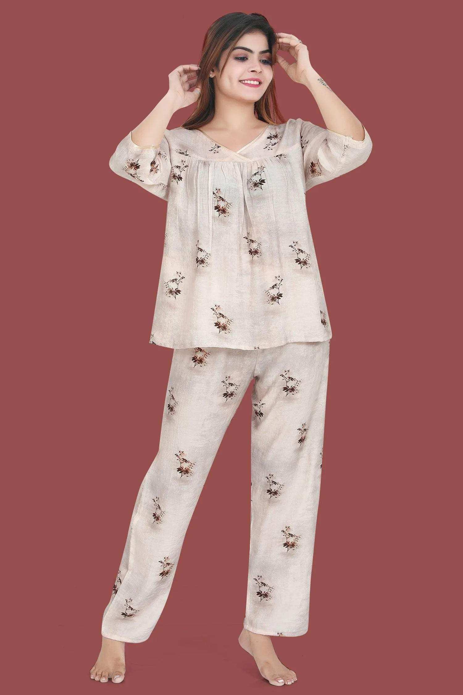 Velure Classic Floral Print Frock-Style Night Suit - Velure - - 3/4 Sleeves, Frock Style, Full Length Pant, Linen, V Neck