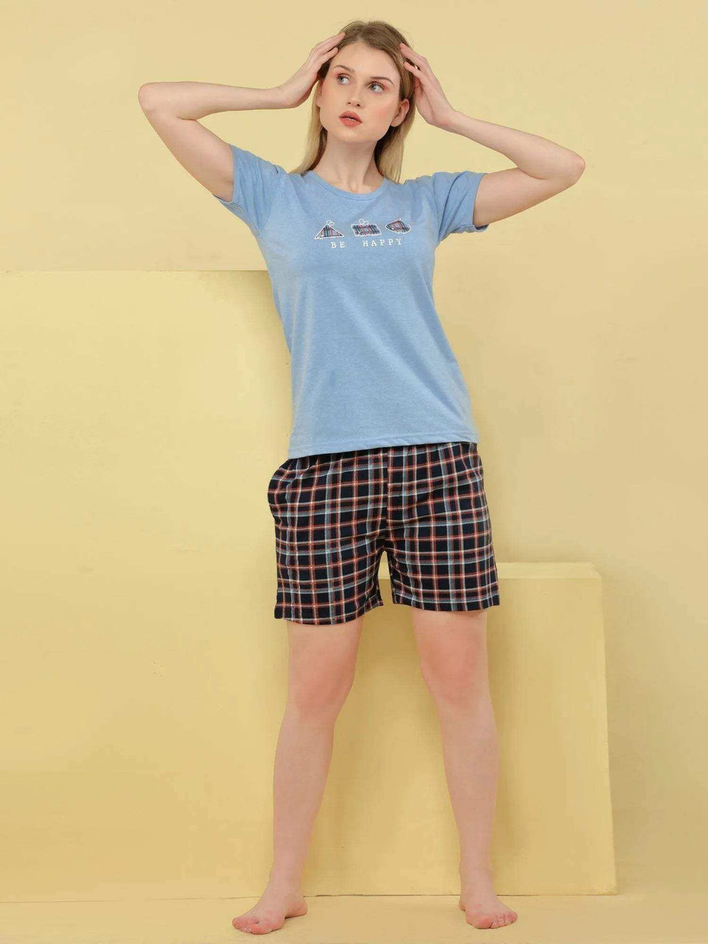 Be Happy Shorts Set - Velure - - Cotton, Half Sleeves, Printed, Round neck, Shorts