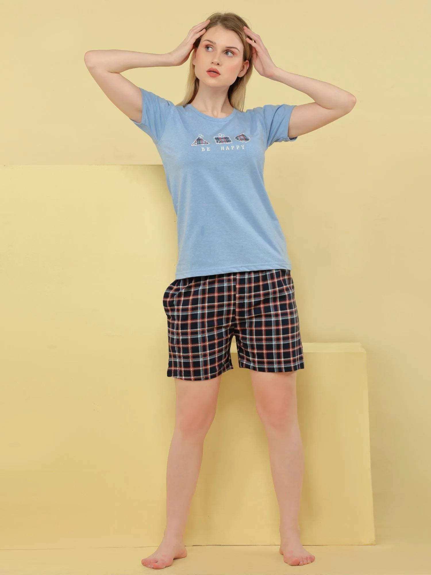 Be Happy Shorts Set - Velure - - Cotton, Half Sleeves, Printed, Round neck, Shorts