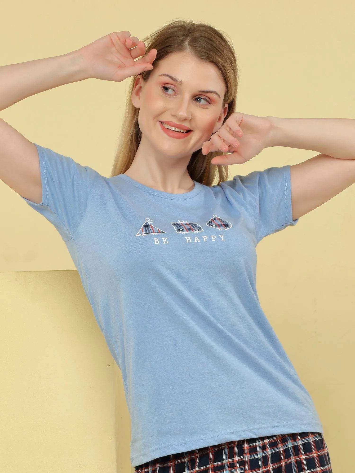 Be Happy Shorts Set - Velure - - Cotton, Half Sleeves, Printed, Round neck, Shorts