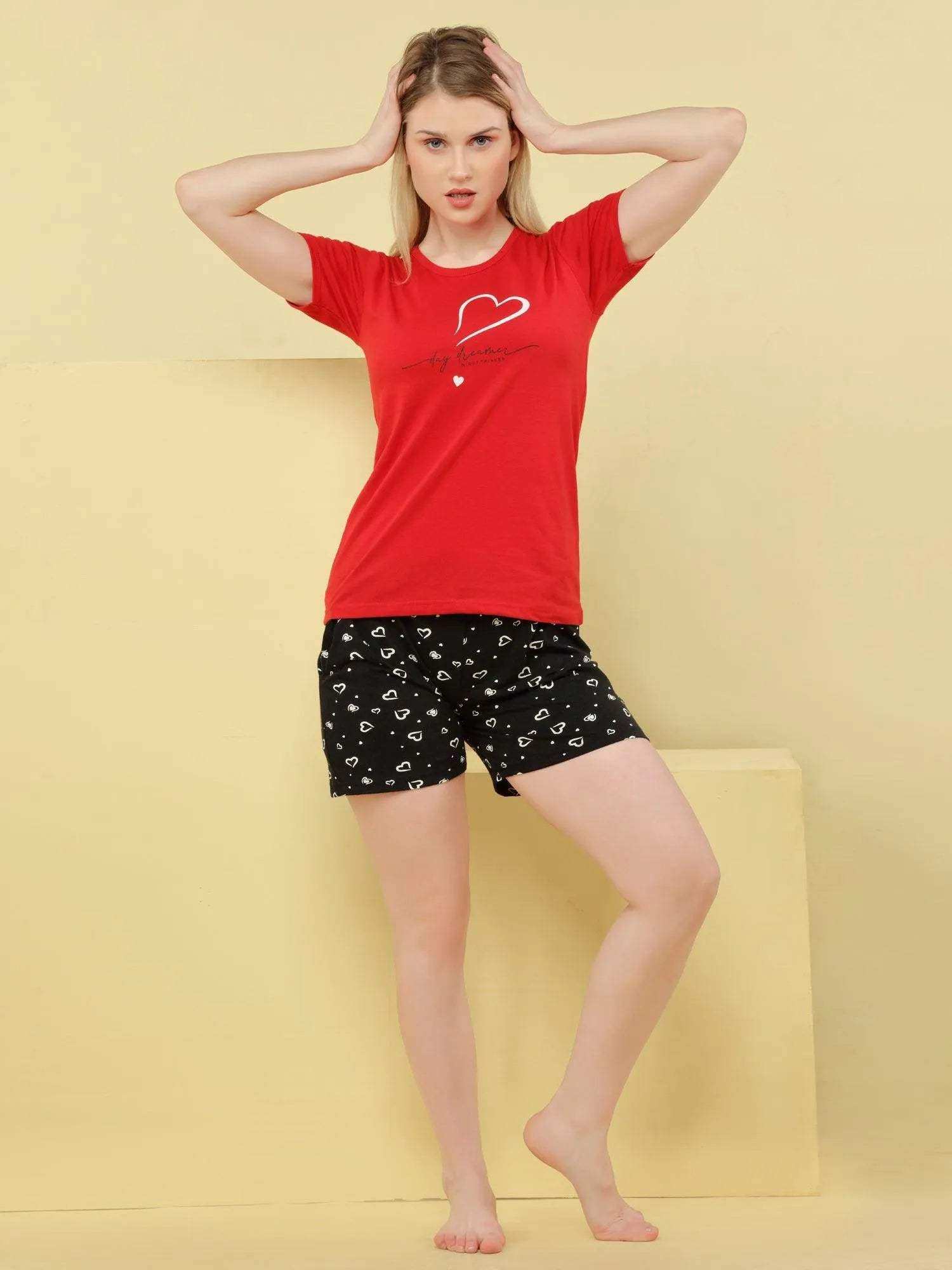 Classic Heart Shorts Set - Velure - - Cotton, Half Sleeves, Printed, Round neck, Shorts