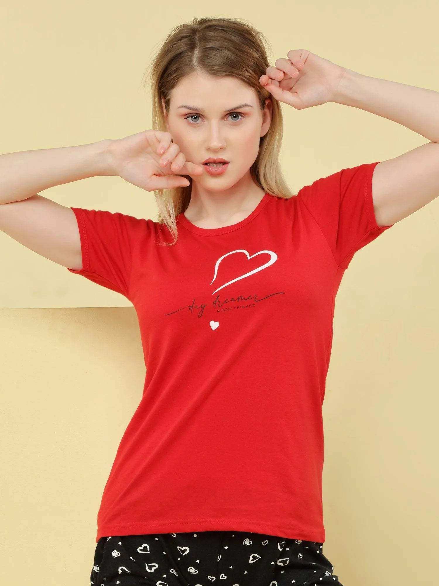 Classic Heart Shorts Set - Velure - - Cotton, Half Sleeves, Printed, Round neck, Shorts