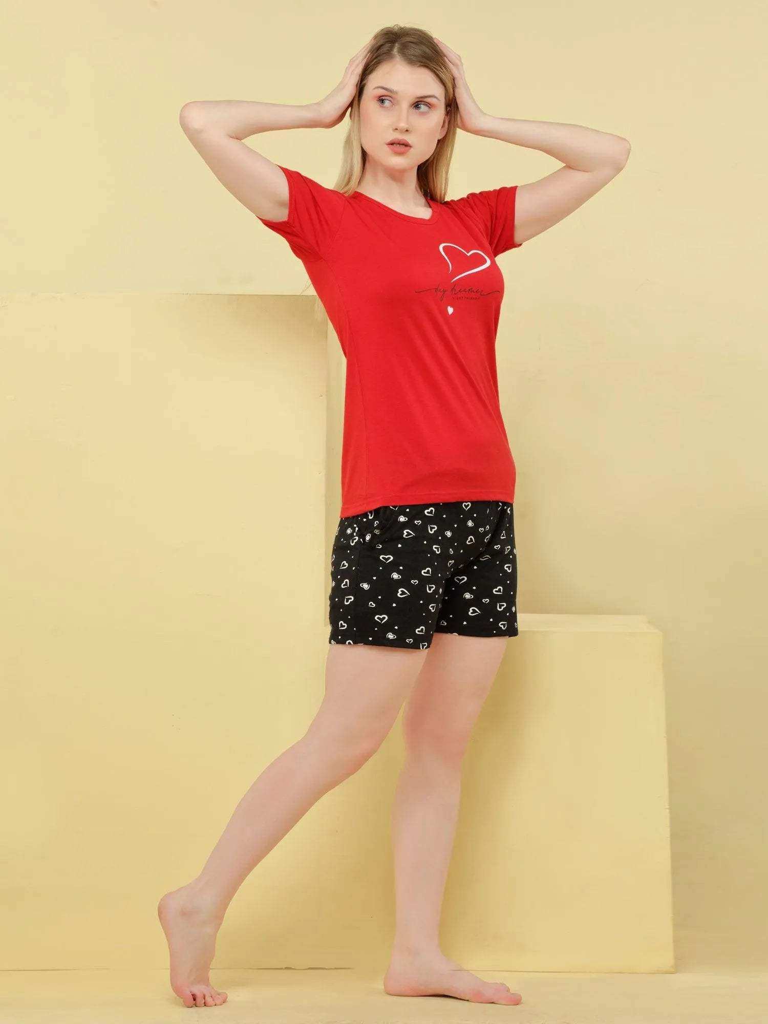 Classic Heart Shorts Set - Velure - - Cotton, Half Sleeves, Printed, Round neck, Shorts